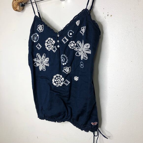 Hollister Top Embellished Sequin Boho Cami Tank Navy Blue Cinch Tie Hem xs - Picture 5 of 8